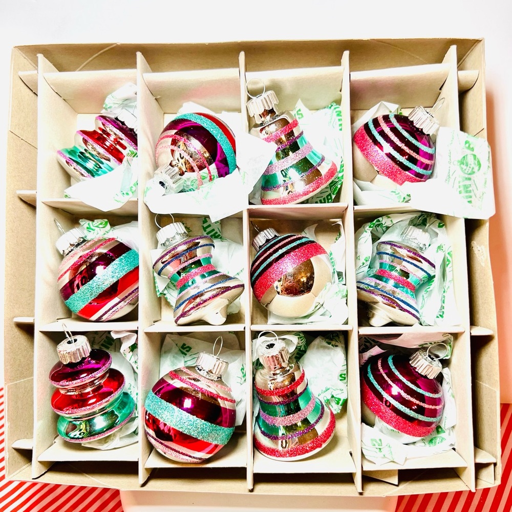 12 Radko Spools Bells Beehives Balls Glass Ornaments Pink Teal Purple Glitter - Picture 5 of 13